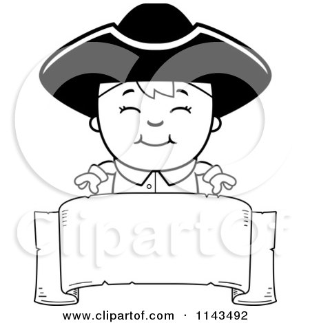 Cartoon Clipart Of A Black And White Colonial Boy Over A Blank Banner - Vector Outlined Coloring Page by Cory Thoman