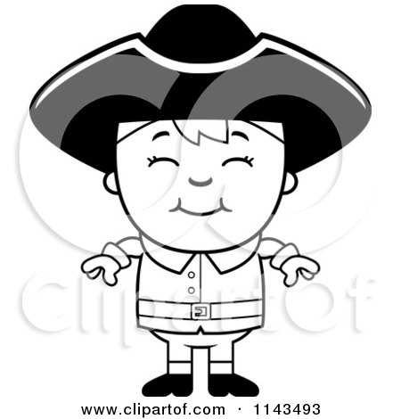 Cartoon Clipart Of A Black And White Happy Colonial Boy - Vector Outlined Coloring Page by Cory Thoman