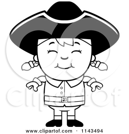 Cartoon Clipart Of A Black And White Colonial Girl Smiling - Vector Outlined Coloring Page by Cory Thoman