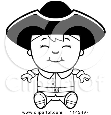 Cartoon Clipart Of A Black And White Colonial Boy Sitting And Smiling - Vector Outlined Coloring Page by Cory Thoman