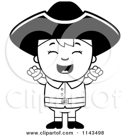 Cartoon Clipart Of A Black And White Colonial Boy Cheering - Vector Outlined Coloring Page by Cory Thoman