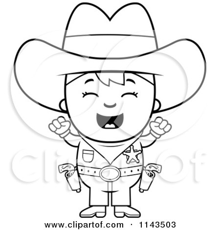 Cartoon Clipart Of A Black And White Cheering Sheriff Cowboy Kid - Vector Outlined Coloring Page by Cory Thoman