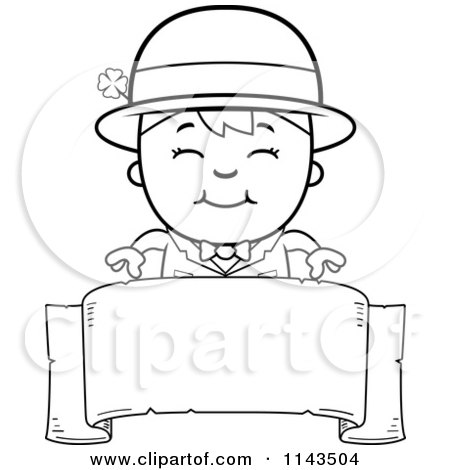 Cartoon Clipart Of A Black And White Happy Child Leprechaun Boy Over A Banner - Vector Outlined Coloring Page by Cory Thoman