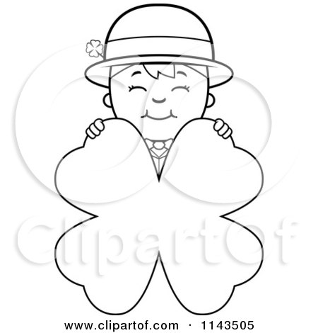 Cartoon Clipart Of A Black And White Child Leprechaun Boy Behind A Four Leaf Clover - Vector Outlined Coloring Page by Cory Thoman
