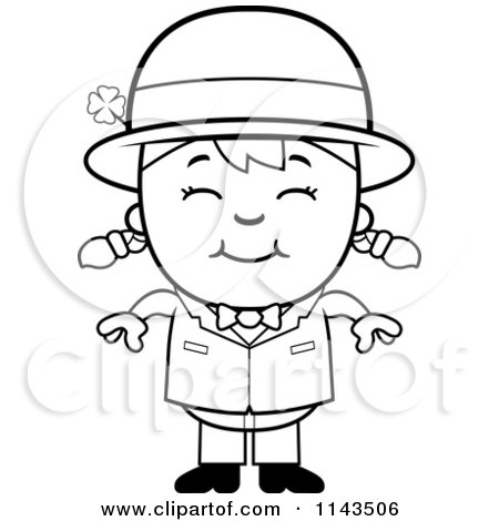 Cartoon Clipart Of A Black And White Happy Child Leprechaun Girl - Vector Outlined Coloring Page by Cory Thoman