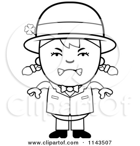 Cartoon Clipart Of A Black And White Mad Child Leprechaun Girl - Vector Outlined Coloring Page by Cory Thoman