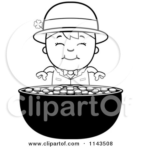Cartoon Clipart Of A Black And White Child Leprechaun Boy And Pot Of Gold - Vector Outlined Coloring Page by Cory Thoman