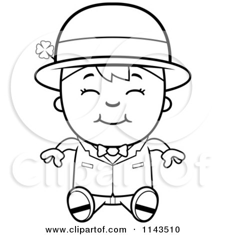Cartoon Clipart Of A Black And White Sitting Child Leprechaun Boy - Vector Outlined Coloring Page by Cory Thoman