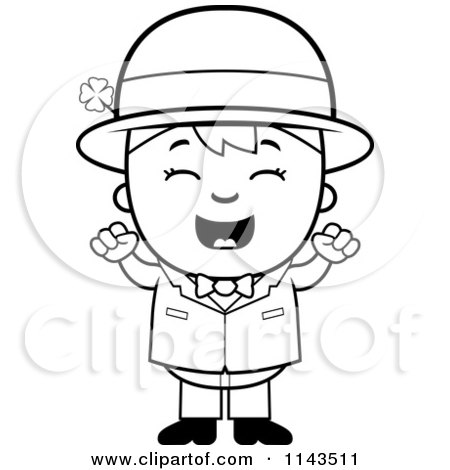 Cartoon Clipart Of A Black And White Cheering Child Leprechaun Boy - Vector Outlined Coloring Page by Cory Thoman