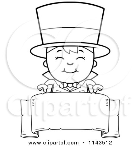 Cartoon Clipart Of A Black And White Happy Magician Boy Over A Blank Banner - Vector Outlined Coloring Page by Cory Thoman
