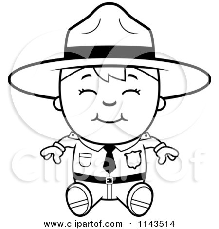 Cartoon Clipart Of A Black And White Happy Forest Ranger Boy Sitting - Vector Outlined Coloring Page by Cory Thoman