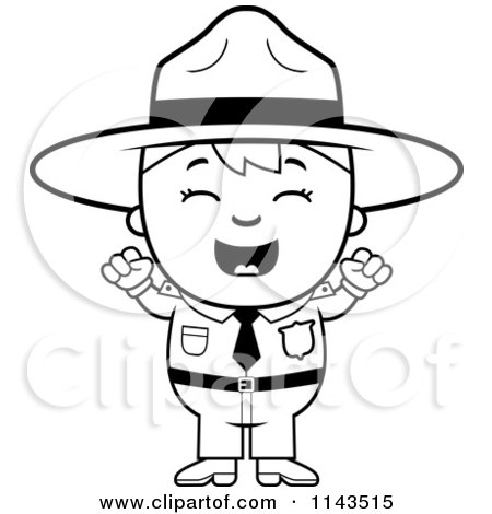 Cartoon Clipart Of A Black And White Happy Forest Ranger Boy Cheering - Vector Outlined Coloring Page by Cory Thoman