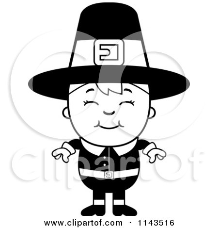Cartoon Clipart Of A Black And White Happy Pilgrim Boy - Vector Outlined Coloring Page by Cory Thoman