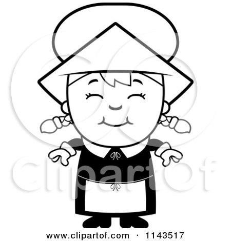 Cartoon Clipart Of A Black And White Happy Pilgrim Girl - Vector Outlined Coloring Page by Cory Thoman