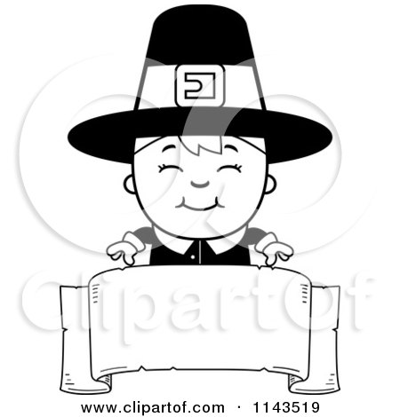 Cartoon Clipart Of A Black And White Happy Pilgrim Boy Over A Blank Banner - Vector Outlined Coloring Page by Cory Thoman