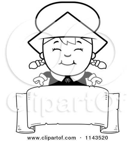 Cartoon Clipart Of A Black And White Happy Pilgrim Girl Over A Blank Banner - Vector Outlined Coloring Page by Cory Thoman