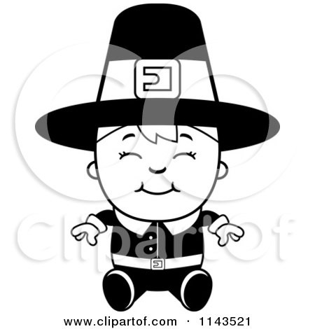 Cartoon Clipart Of A Black And White Happy Pilgrim Boy Sitting - Vector Outlined Coloring Page by Cory Thoman