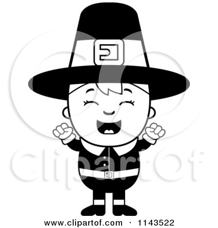 Cartoon Clipart Of A Black And White Happy Pilgrim Boy Cheering - Vector Outlined Coloring Page by Cory Thoman