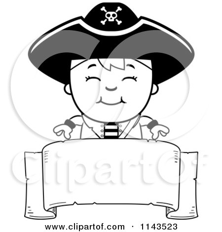 Cartoon Clipart Of A Black And White Happy Pirate Boy Over A Blank Banner - Vector Outlined Coloring Page by Cory Thoman
