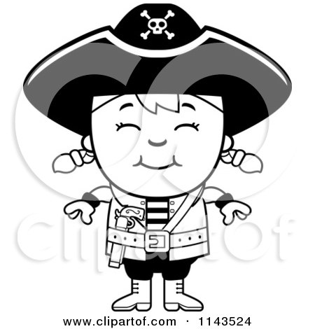 Cartoon Clipart Of A Black And White Happy Pirate Girl - Vector Outlined Coloring Page by Cory Thoman