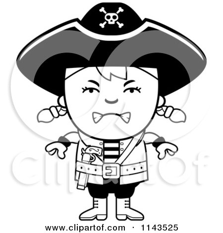Cartoon Clipart Of A Black And White Mad Pirate Girl - Vector Outlined Coloring Page by Cory Thoman