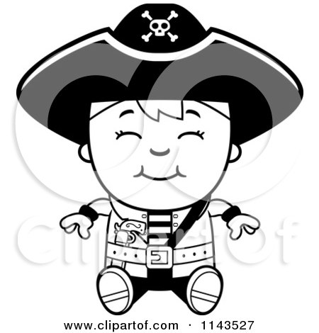 Cartoon Clipart Of A Black And White Happy Pirate Boy Sitting - Vector Outlined Coloring Page by Cory Thoman