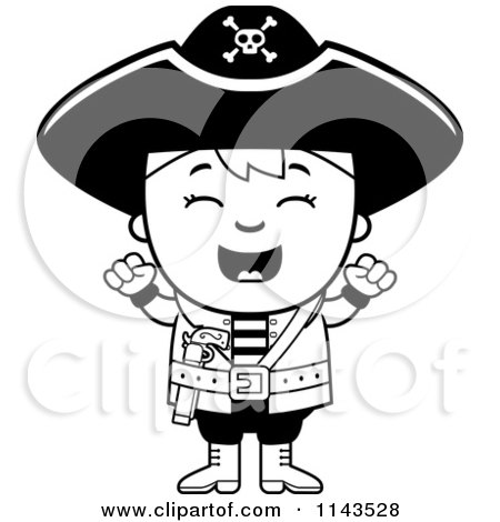 Cartoon Clipart Of A Black And White Happy Pirate Boy Cheering - Vector Outlined Coloring Page by Cory Thoman