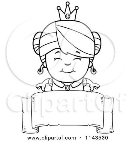 Cartoon Clipart Of A Black And White Cute Princess Girl Over A Blank Banner - Vector Outlined Coloring Page by Cory Thoman