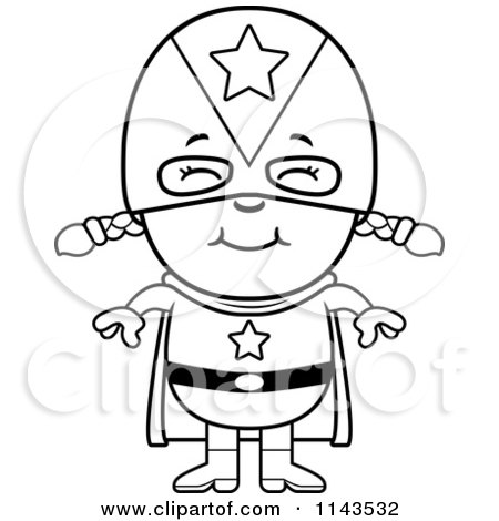 Cartoon Clipart Of A Black And White Happy Super Girl - Vector Outlined Coloring Page by Cory Thoman