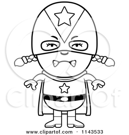 Cartoon Clipart Of A Black And White Mad Super Girl - Vector Outlined Coloring Page by Cory Thoman