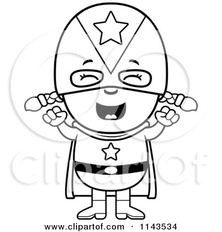 Cartoon Clipart Of A Black And White Cheering Super Girl - Vector Outlined Coloring Page by Cory Thoman