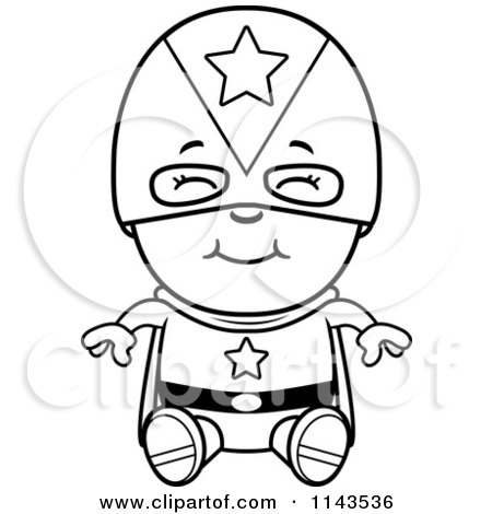 Cartoon Clipart Of A Black And White Happy Super Boy Sitting - Vector Outlined Coloring Page by Cory Thoman