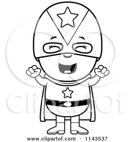 Cartoon Clipart Of A Black And White Happy Super Boy Cheering - Vector Outlined Coloring Page by Cory Thoman