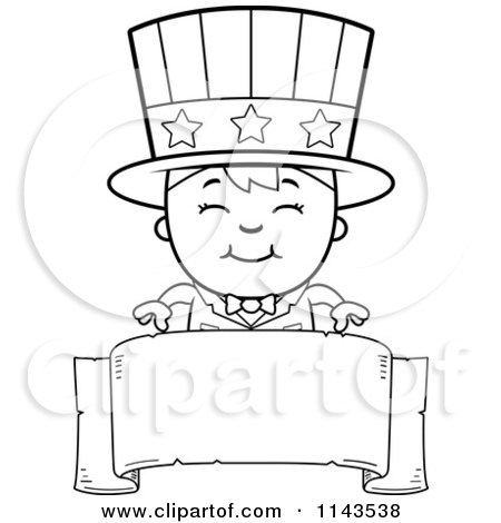 Cartoon Clipart Of A Black And White Happy Uncle Sam Boy Over A Blank Banner - Vector Outlined Coloring Page by Cory Thoman