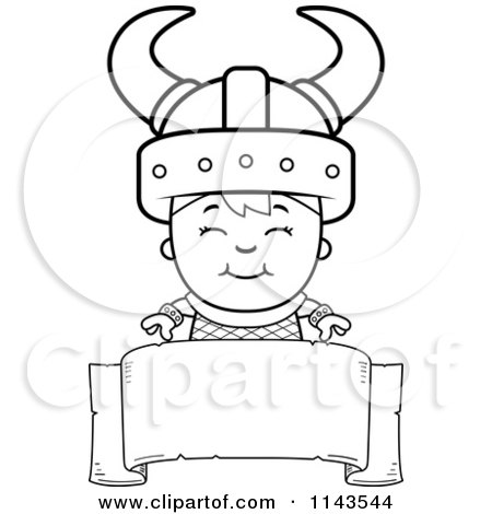 Cartoon Clipart Of A Black And White Happy Viking Boy Over A Blank Banner - Vector Outlined Coloring Page by Cory Thoman