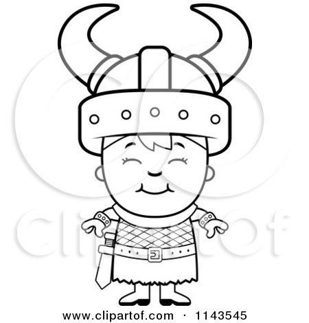 Cartoon Clipart Of A Black And White Happy Viking Boy - Vector Outlined Coloring Page by Cory Thoman