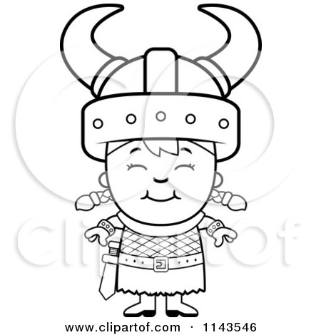 Cartoon Clipart Of A Black And White Happy Viking Girl - Vector Outlined Coloring Page by Cory Thoman