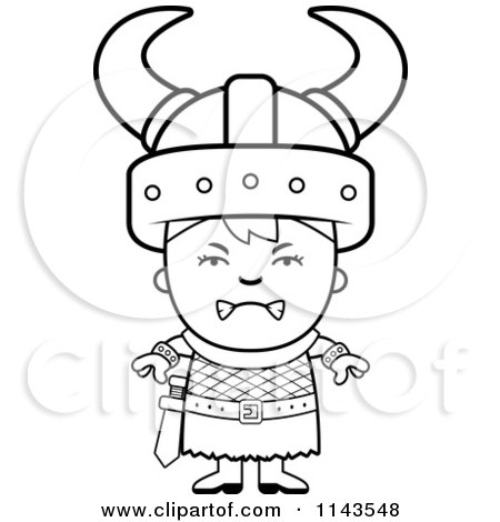 Cartoon Clipart Of A Black And White Mad Viking Boy - Vector Outlined Coloring Page by Cory Thoman