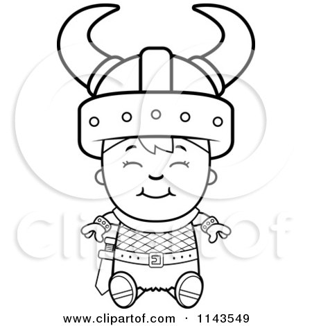 Cartoon Clipart Of A Black And White Happy Viking Boy Sitting - Vector Outlined Coloring Page by Cory Thoman