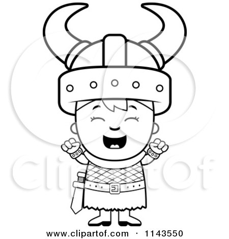Cartoon Clipart Of A Black And White Happy Viking Boy Cheering - Vector Outlined Coloring Page by Cory Thoman