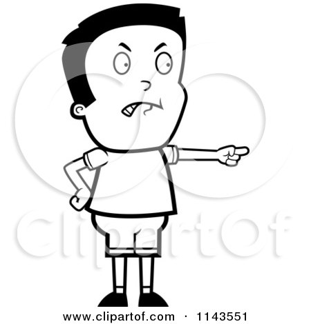 Cartoon Clipart Of A Black And White Mad Boy Angrily Pointing - Vector Outlined Coloring Page by Cory Thoman