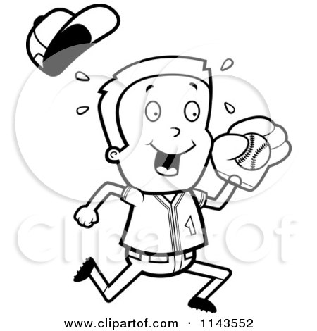 Cartoon Clipart Of A Black And White Baseball Boy Catching A Ball - Vector Outlined Coloring Page by Cory Thoman