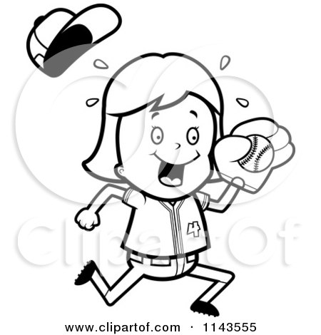 Cartoon Clipart Of A Black And White Baseball Girl Catching A Ball - Vector Outlined Coloring Page by Cory Thoman