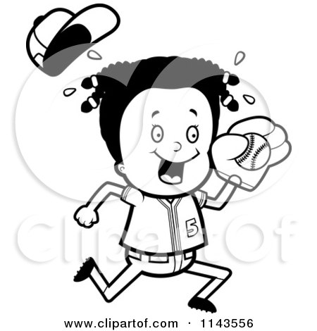 Cartoon Clipart Of A Black And White Black Baseball Girl Catching A Ball - Vector Outlined Coloring Page by Cory Thoman