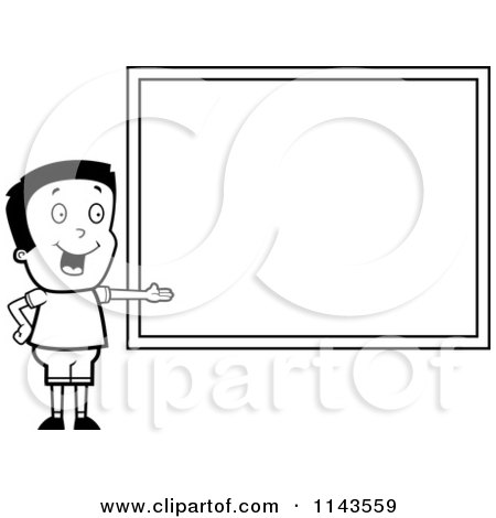 Cartoon Clipart Of A Black And White Smart School Boy Presenting A Chalk Board - Vector Outlined Coloring Page by Cory Thoman