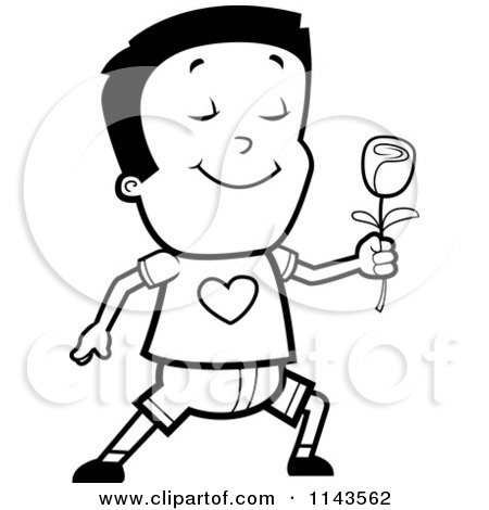 Cartoon Clipart Of A Black And White Romantic Boy Holding Out A Rose - Vector Outlined Coloring Page by Cory Thoman