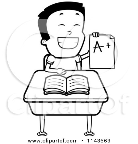 Cartoon Clipart Of A Black And White Smart School Boy Sitting At A Desk With An A Plus Report Card - Vector Outlined Coloring Page by Cory Thoman