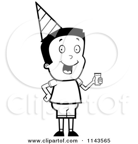 Cartoon Clipart Of A Black And White Boy Wearing A Party Hat And Holding Juice - Vector Outlined Coloring Page by Cory Thoman