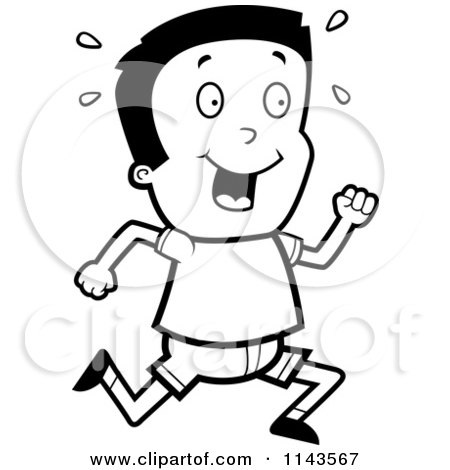 Cartoon Clipart Of A Black And White Happy Boy Running - Vector Outlined Coloring Page by Cory Thoman