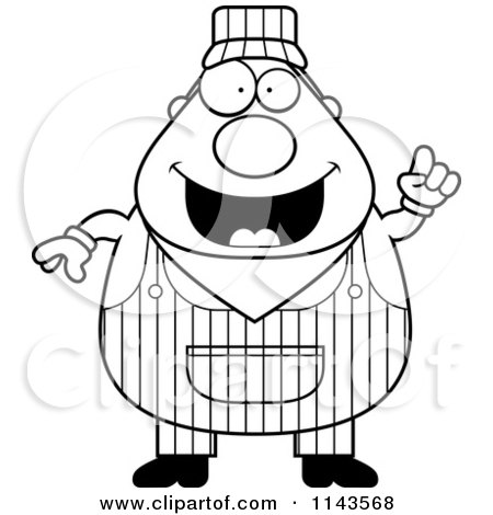Cartoon Clipart Of A Black And White Smart Train Engineer - Vector Outlined Coloring Page by Cory Thoman